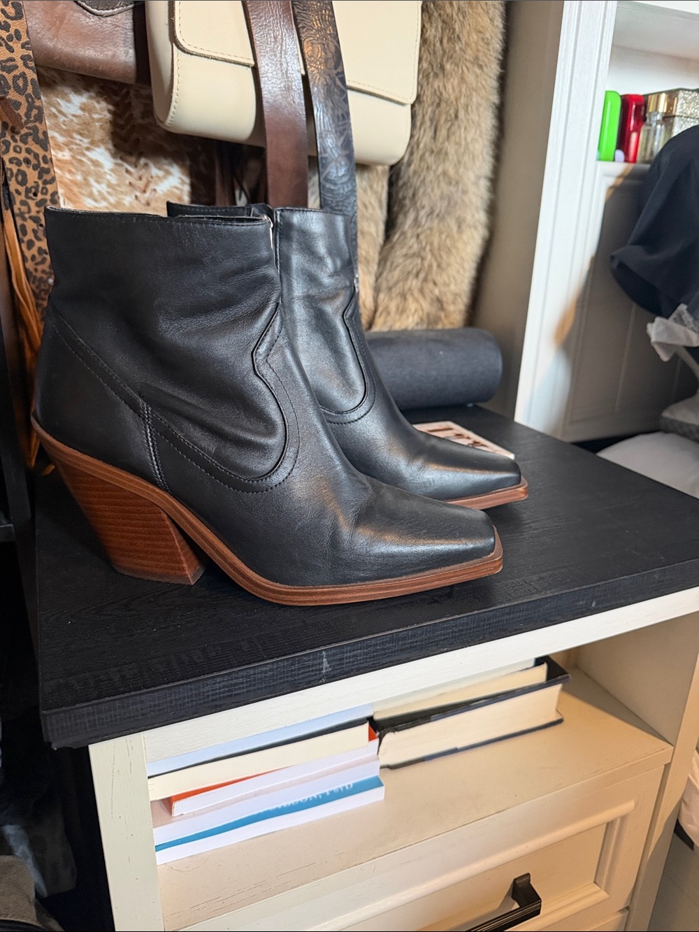 Vince Camuto Black Leather Women's Ankle Boots with Wood Block Heel